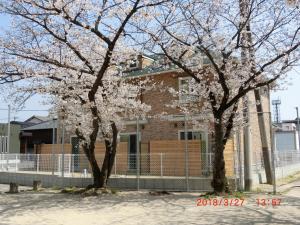 福岡的住宿－善き羊飼いの舎，两棵树,在一座建筑前有白色花