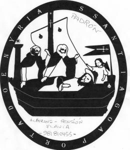 a drawing of a group of people on a boat at Albergue Pensión Flavia in Padrón