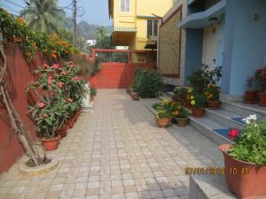a sidewalk with potted plants and flowers in pots at Happy Homes in Guwahati
