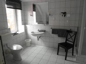 a bathroom with a sink and a toilet and a mirror at Hotel Frankfurter Hof in Limburg an der Lahn