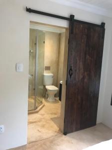 Olive Hill Guest House في روبرتسون: حمام مع مرحاض وباب خشبي