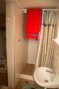 a bathroom with a shower and a sink and a toilet at Downtown Studio in Oradea +24 photos