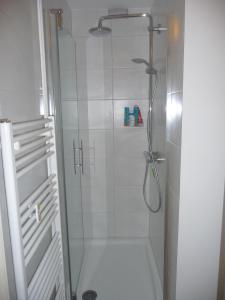 La salle de bains est pourvue d'une douche avec une porte en verre. dans l'établissement VIDS10C15-FeHaus-Huus-Oostsied, à Vitzdorf