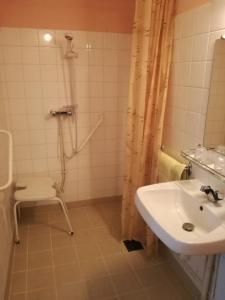 W łazience znajduje się umywalka i prysznic. w obiekcie Hôtel l'Eden w mieście Brix