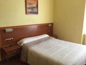 - une chambre avec un lit et une photo sur le mur dans l'établissement Hostal Restaurante Iruñako, à Burgos