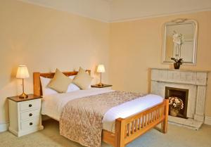 a bedroom with a bed and a fireplace at Donnybrook Townhouse in Dublin