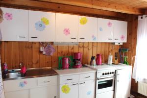 PetersfeldにあるFerienwohnung Mariaの白いキャビネットとピンクの花が壁に飾られたキッチン