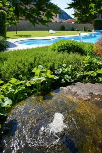 a pool of water with plants in front of a yard at Hotel Garni Günther in Postal