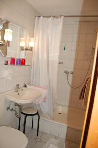 a small bathroom with a sink and a shower at Hotel "Fränkischer Hof" Garni in Dinkelsbühl