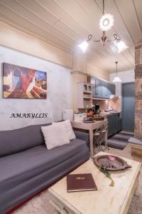 a living room with a couch and a kitchen at Ampolis Guest House in Arachova