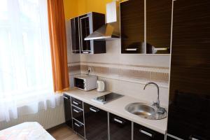 a kitchen with a sink and a microwave at Apartamenty AS Topolowa in Krakow