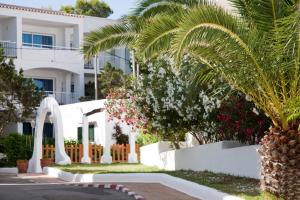 a white building with a palm tree in front of it at Camelina Suites in San Antonio Bay