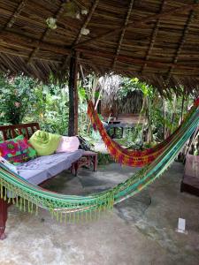 a hammock in a hut with a bed and a table at Beverly's Hill Guest House in Bocas Town