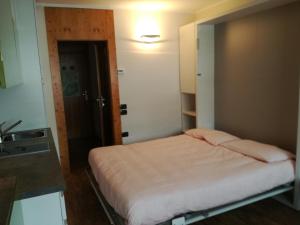 a small bedroom with a bed and a sink at Cielo Alto Studio Apartment with wifi in Breuil-Cervinia