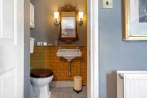 La salle de bains est pourvue de toilettes, d'un lavabo et d'un miroir. dans l'établissement Luxury Regency Apartment in Bath City Centre, à Bath