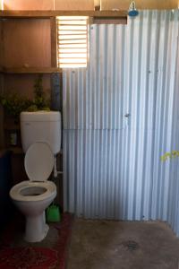 a bathroom with a toilet and a corrugatedsteel wall at Yasawa Homestays in Nacula Island