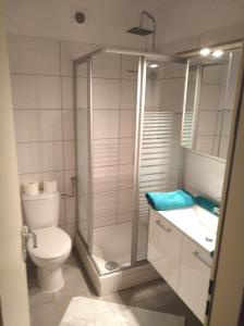 y baño con ducha, aseo y lavamanos. en Pension Hofer, en Bad Berneck im Fichtelgebirge