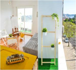 deux photos d'un salon avec un bus sur une table dans l'établissement Belém River Apartment, à Lisbonne