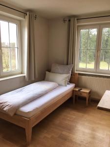 a bed in a room with two windows at Fuchsenlohe in Schlier