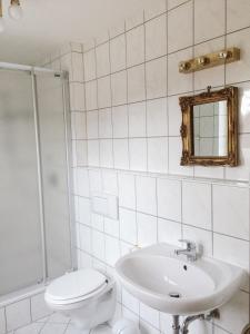 La salle de bains blanche est pourvue de toilettes et d'un lavabo. dans l'établissement Fuchsenlohe, à Schlier