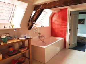 ユトレヒトにあるLarge Historical Apartment & Canal Terraceの赤いタイルフロアのバスルーム(バスタブ付) +33枚の写真