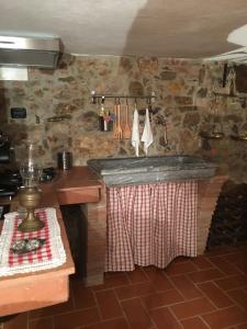 a kitchen with a stone wall with a sink at La Divina Dimora Il Castello degli Spiriti Magni in Montepescali