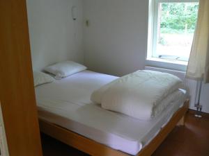 Bett in einem Zimmer mit Fenster in der Unterkunft De Kleine Kriemelkuil in Ermelo