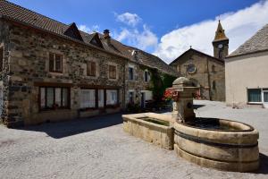 ein Steingebäude mit einem Brunnen davor in der Unterkunft Maison VERNET - Hôtel Beauséjour in Le Béage