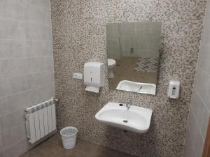 a bathroom with a sink, toilet and mirror at Albergue Buen Camino Tui in Tui