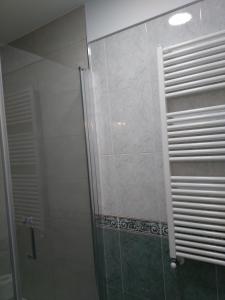 une douche avec une porte en verre dans une salle de bain dans l'établissement Torre Center, à Saint-Jacques-de-Compostelle