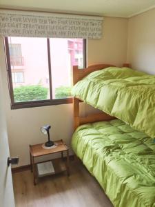 um quarto com uma cama verde e uma janela em Condominio ILIMAY em Las Cruces