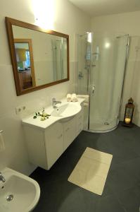 a bathroom with a sink and a shower and a mirror at Villa Tilia in Siusi