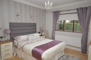 Un dormitorio con una cama grande y una lámpara de araña. en Heritage Accommodation en Dundalk