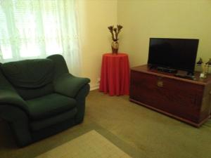 a living room with a chair and a television at Lagoa´s House in Lagoa