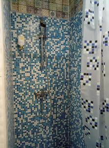 カームヤネツィ・ポジーリシクィイにあるHostel Svit Hubのバスルーム(青と白のタイル張りのシャワー付)