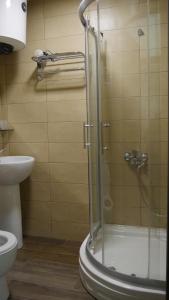 a shower with a glass door in a bathroom at Green Terrace in Tbilisi City