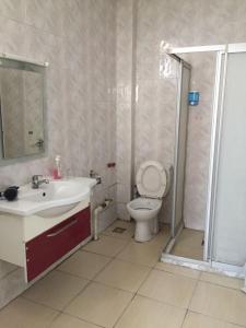 een badkamer met een douche, een toilet en een wastafel bij Sirin Hotel in Corum