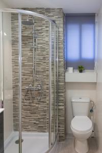 a bathroom with a toilet and a glass shower at Apartamento del Sueño con Aire Acondicionado in Logroño