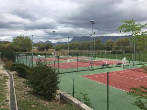 a group of tennis courts with mountains in the background at Maison entière avec spa privatif Bulle sur Sye en Drome in Aouste-sur-Sye