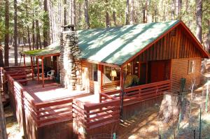 a cabin in the woods with a green roof at 28 Raccoon's End in Wawona