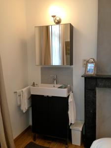 La salle de bains est pourvue d'un lavabo et d'un miroir. dans l'établissement Les Gîtes Du Pays De Charleroi, à Charleroi
