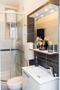 y baño con aseo, lavabo y ducha. en Apartment Lapad Beach, en Dubrovnik
