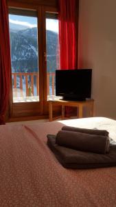 a bedroom with a bed with a television and a window at Tarter Confort in El Tarter