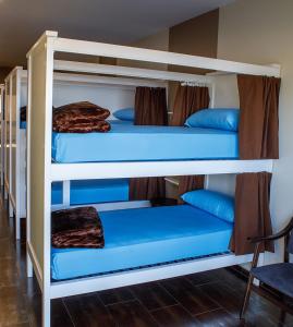 2 beliches num quarto com almofadas azuis em Muxia Mare em Muxía