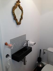 La salle de bains est pourvue d'un lavabo et d'un miroir mural. dans l'établissement Les Gîtes Du Pays De Charleroi, à Charleroi