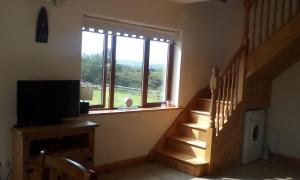 een kamer met een trap, een televisie en een raam bij Larchlodge in Ennis