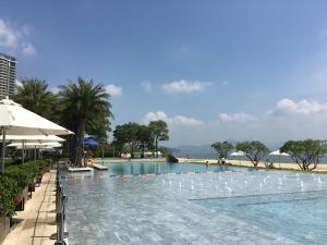 a large swimming pool with birds in the water at HuiZhou HuaYangNian Seaview Guesthouse in Huidong