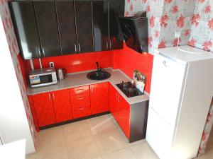 トゥーラにあるInndays on Liteinaya 22aの小さなキッチン(赤いキャビネット、白い冷蔵庫付)