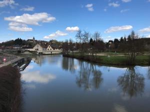 a view of a river with a bridge and houses at Les Lodges du Canal Vue sur le canal in Rogny
