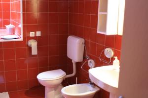 ein rot gefliestes Bad mit einem WC und einem Waschbecken in der Unterkunft "NAR" Opatija center spacious 1 bedroom apt in Opatija
